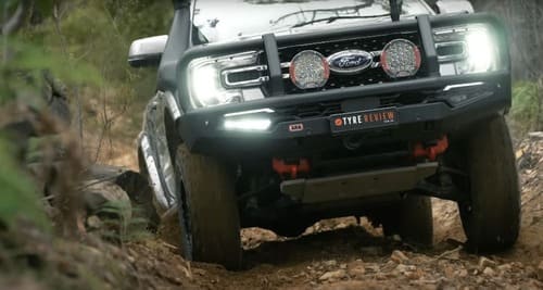Ford Ranger 4x4 off-road test driving on rocky terrain during Tyre Review evaluation